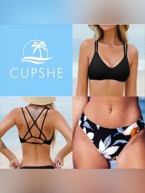 CUPSHE Black Strappy V-Neck Bikini Top with Black Floral Print Bottom.
Size M